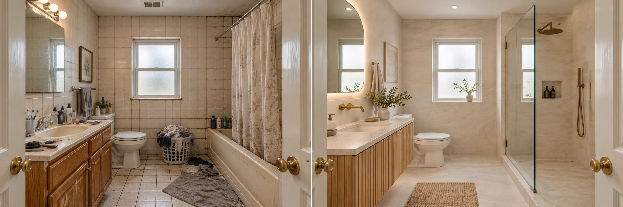 Redesigned bathroom with warm stone, a floating oak vanity and a glass shower