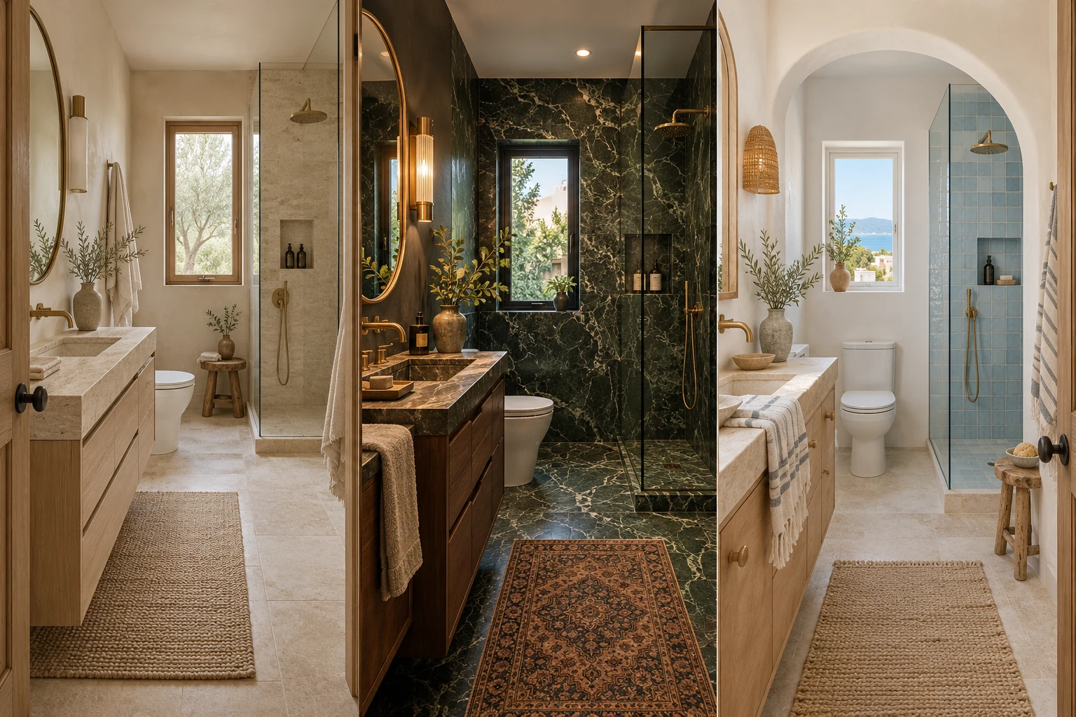 Warm natural bathroom with pale oak, cream stone and brass fittings