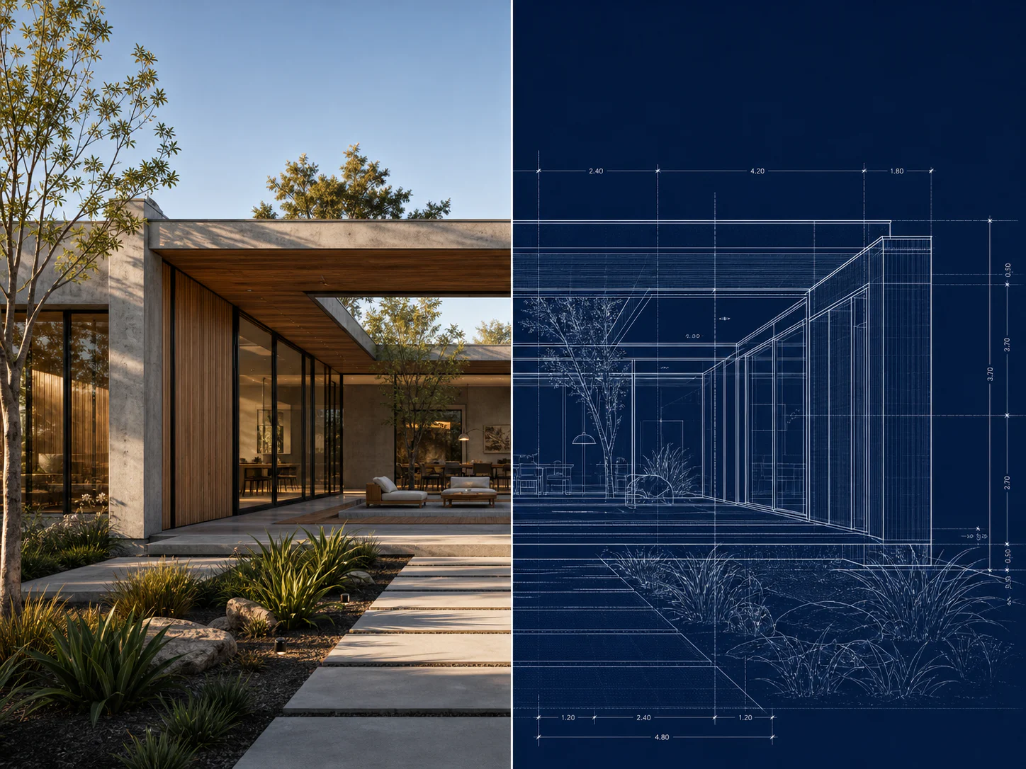 Modern courtyard house photo to blueprint