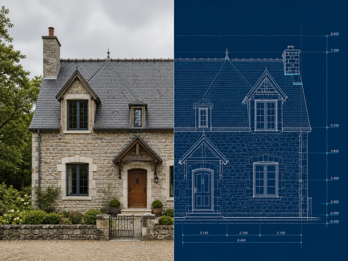 Stone cottage photo to blueprint