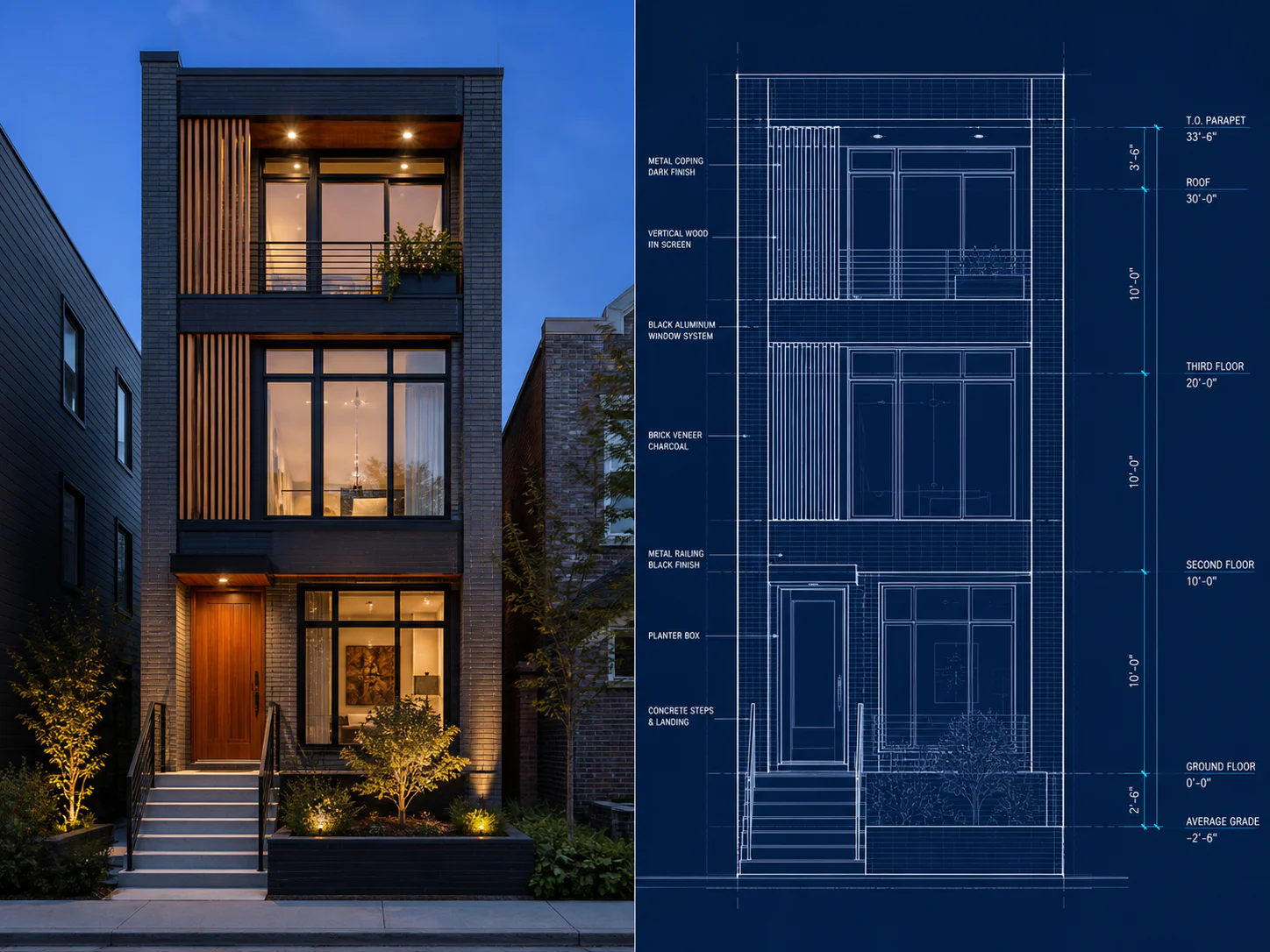 Urban townhouse photo to blueprint