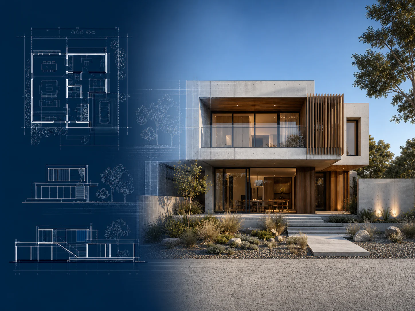 AI blueprint generator transforming a modern house photo into floor plan, elevation, and section drawings