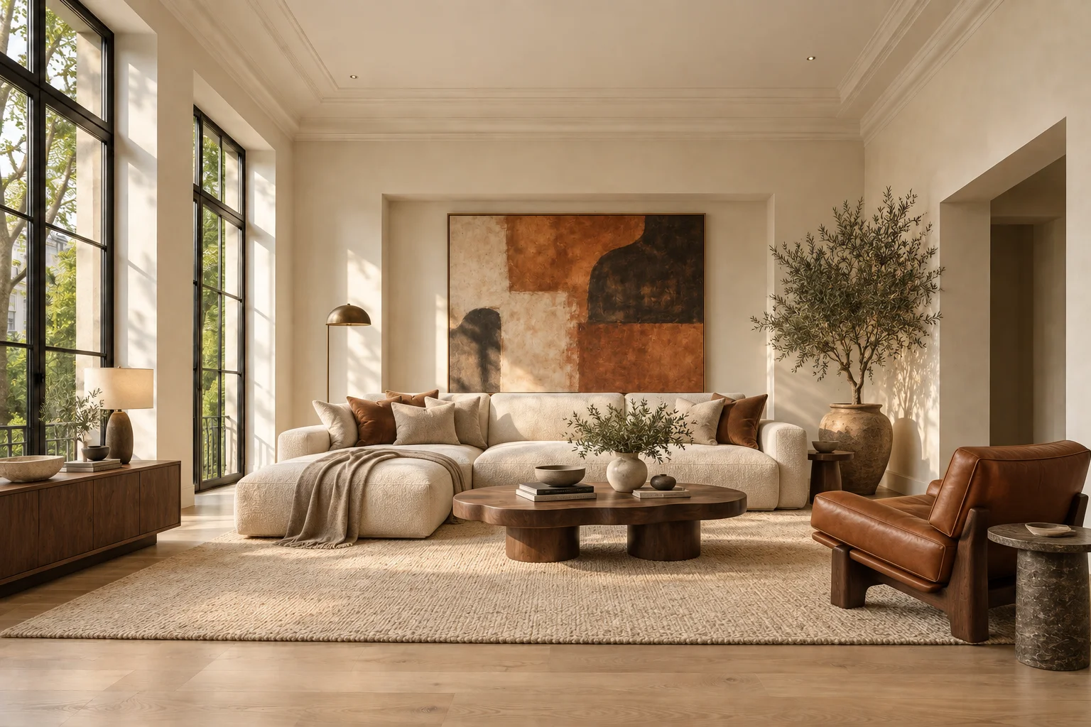 Sunlit living room, from an empty space to a furnished interior — After