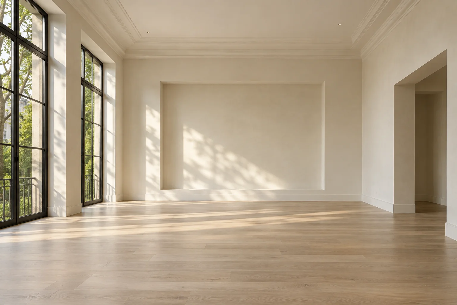 Sunlit living room, from an empty space to a furnished interior — Before