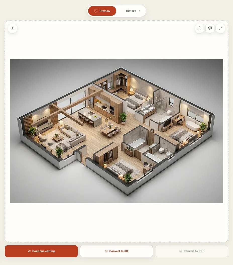 Text-to-image floor plan result in the product preview with download and 3D actions