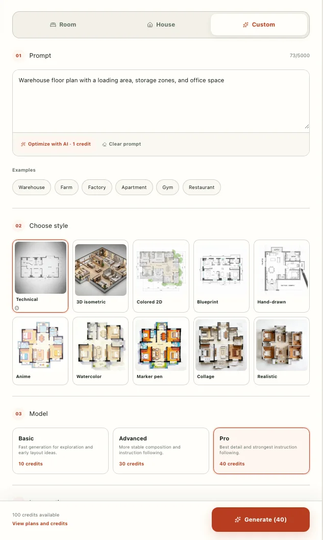 Floor plan AI controls for text, style selection, models, and image ratio
