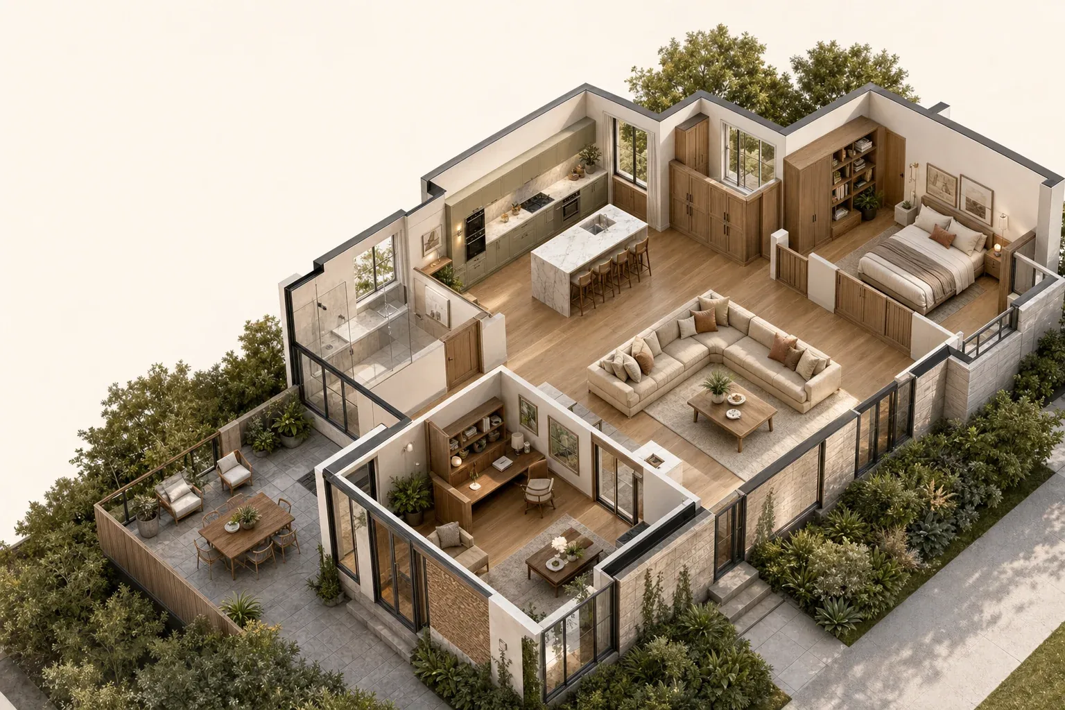 Furnished isometric 3D home generated from a prepared floor plan