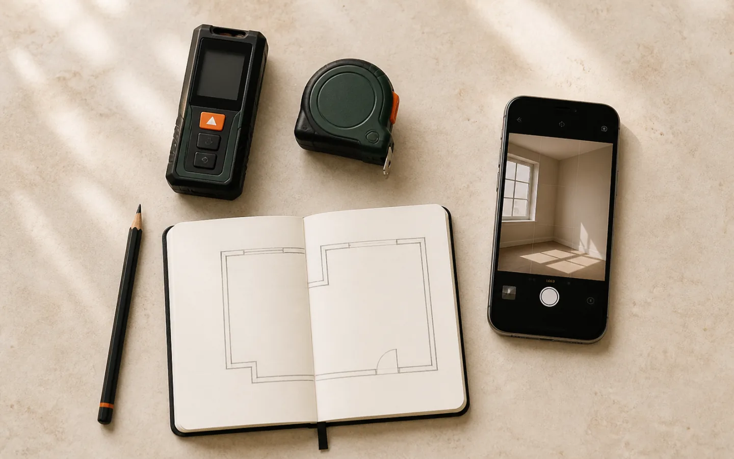 Tape measure, laser distance meter, pencil, paper, and phone prepared for measuring a room