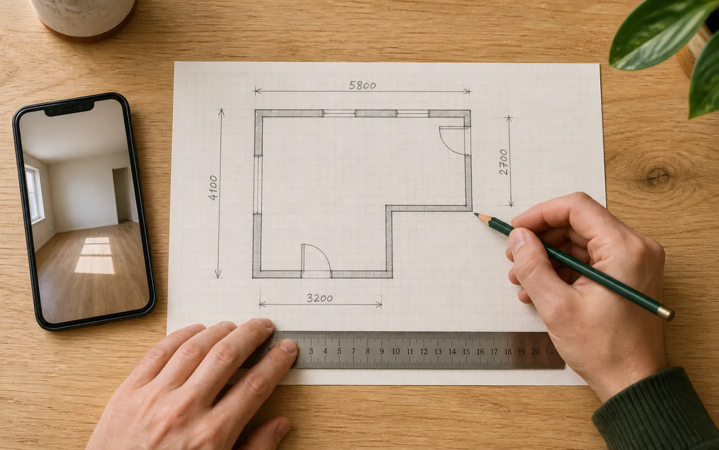 Hand-drawn rough floor plan with dimensions, openings, arrows, and numbered photo notes