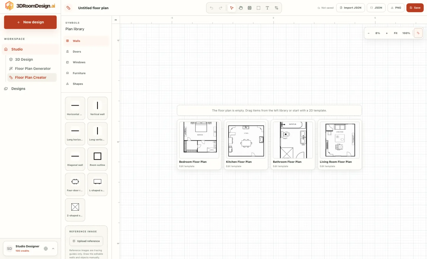 Online floor plan tool showing room templates beside a blank canvas option