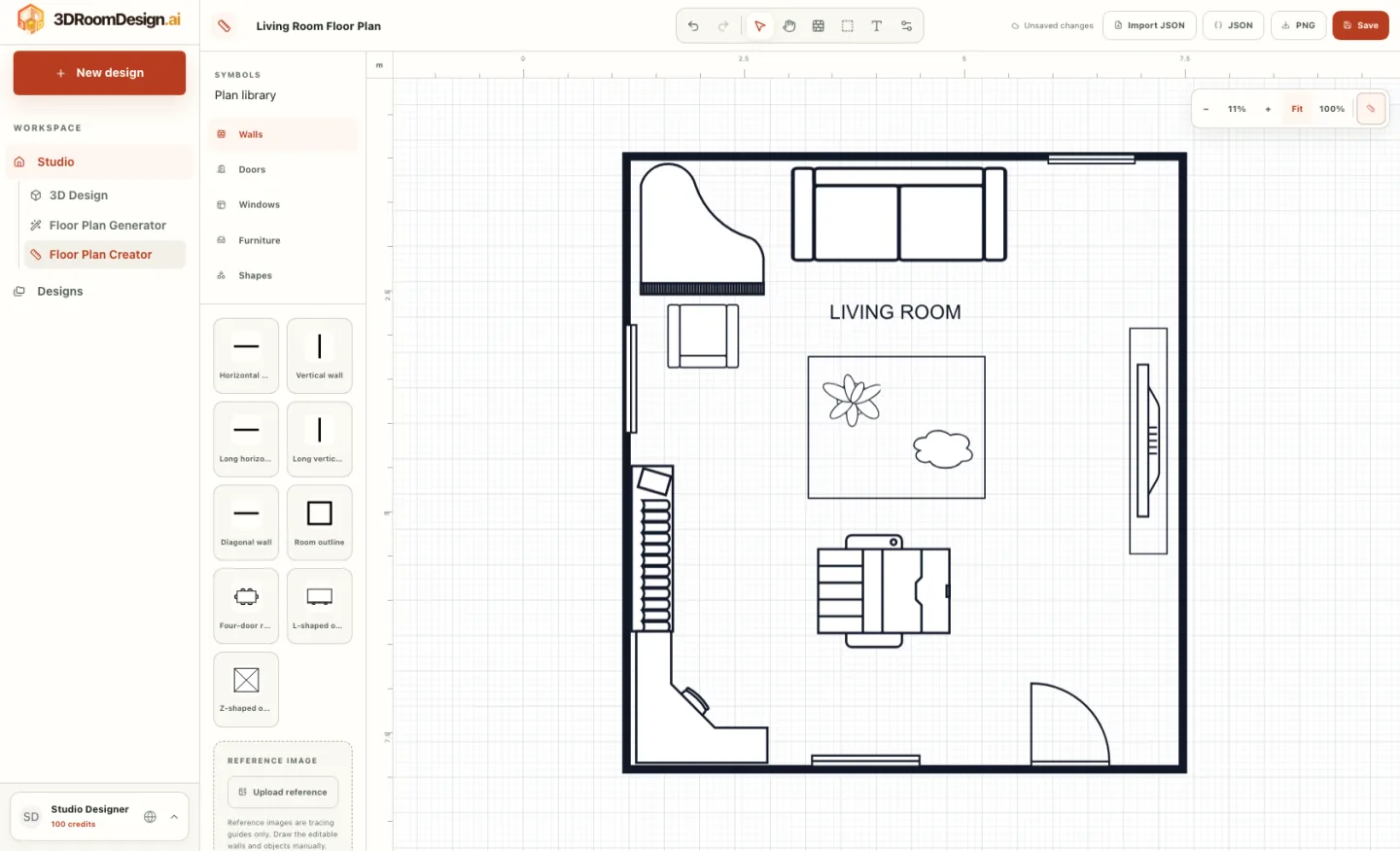 Floor plan editor with connected walls, door swings, and windows placed to measured offsets