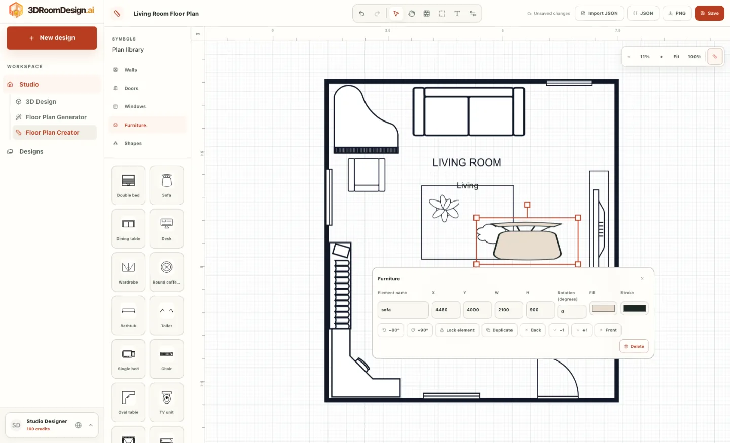 Room layout maker with measured furniture, fixed fixtures, door clearances, and a 90 centimeter walkway