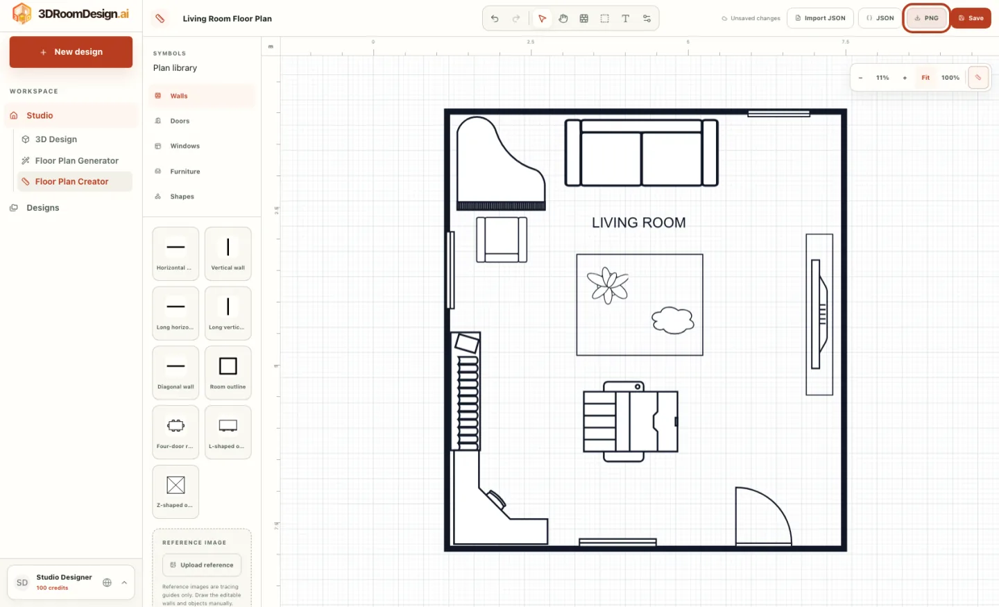 Finished floor plan in an export panel with save and PNG download controls