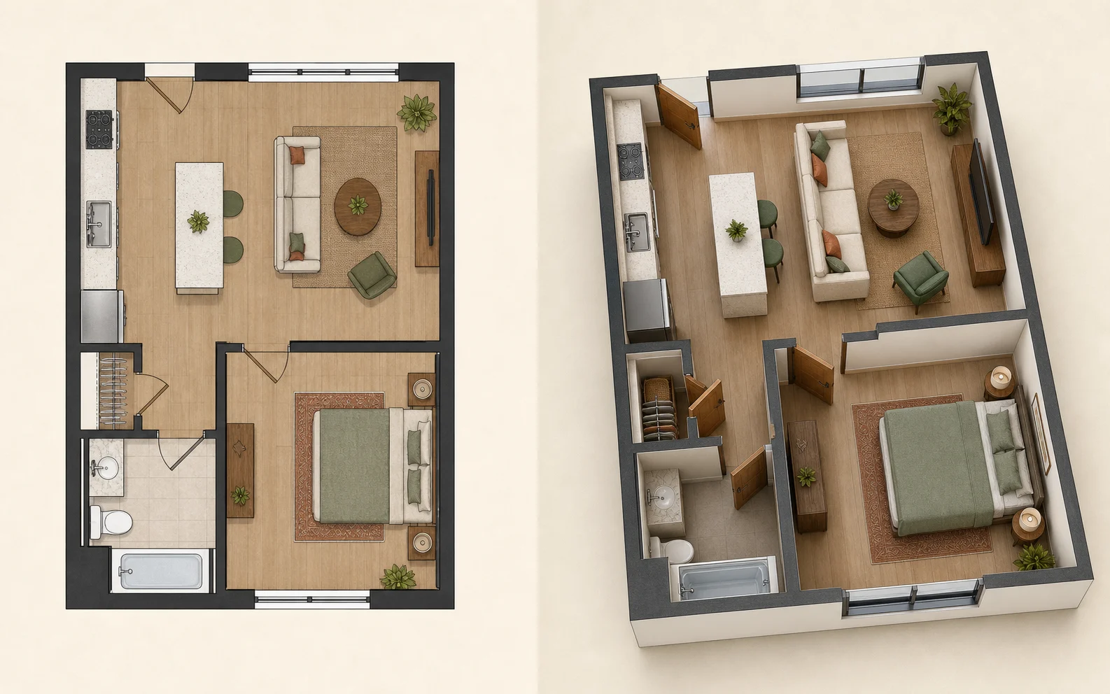 Side-by-side comparison of a measured 2D floor plan and its interactive 3D room