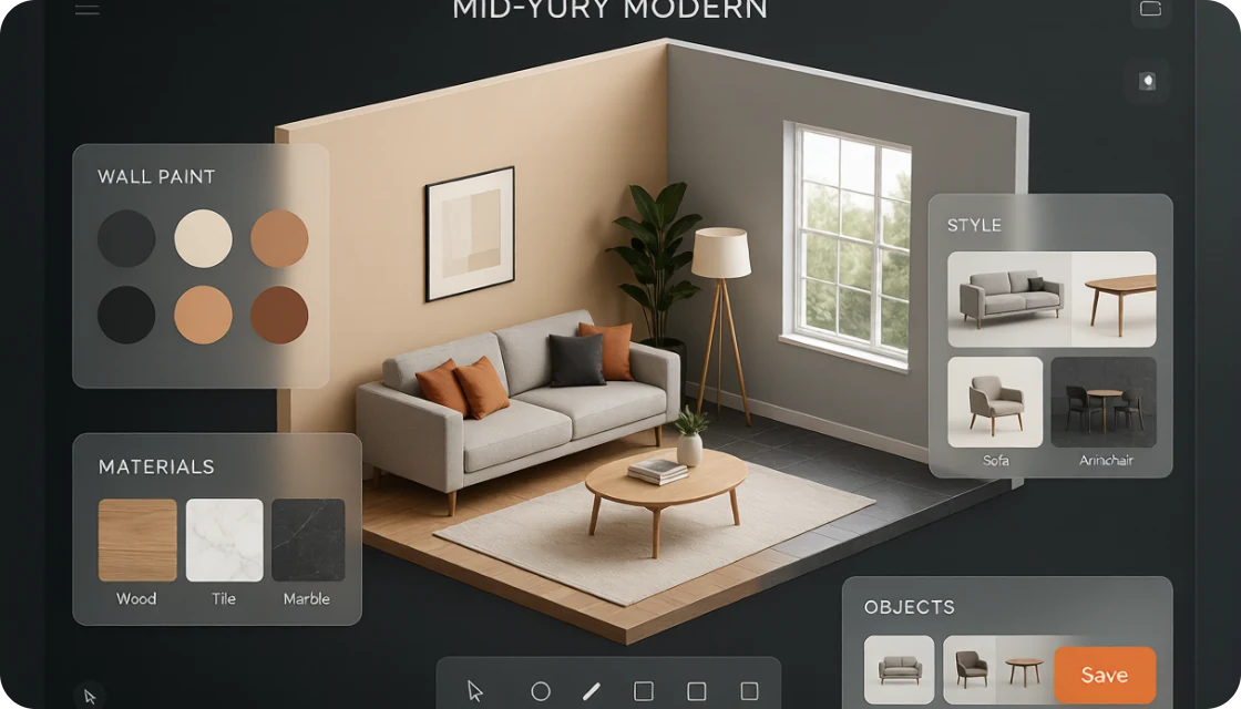 Interactive 3D room editor changing wall materials and lighting
