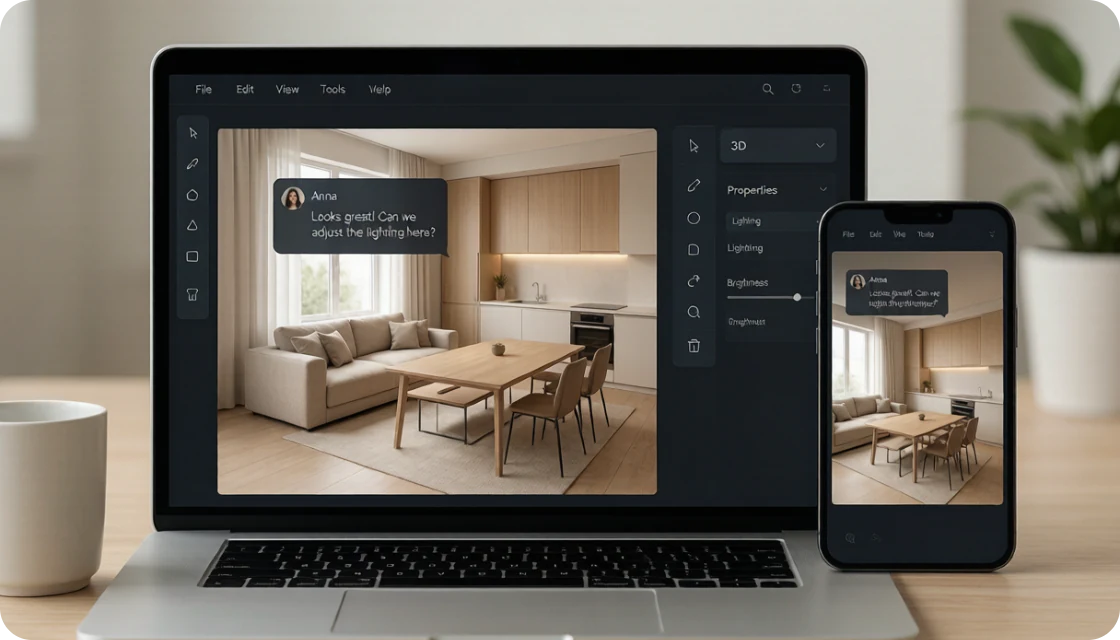 Share panel for copying one link to an interactive 3D room