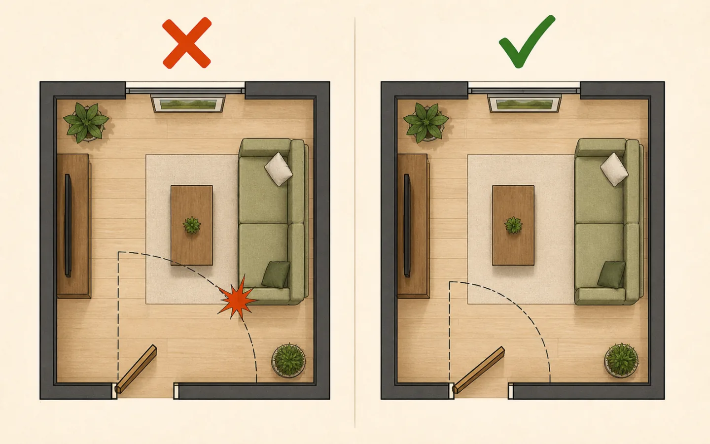 Comparison showing a door hitting a cabinet versus a clear door swing