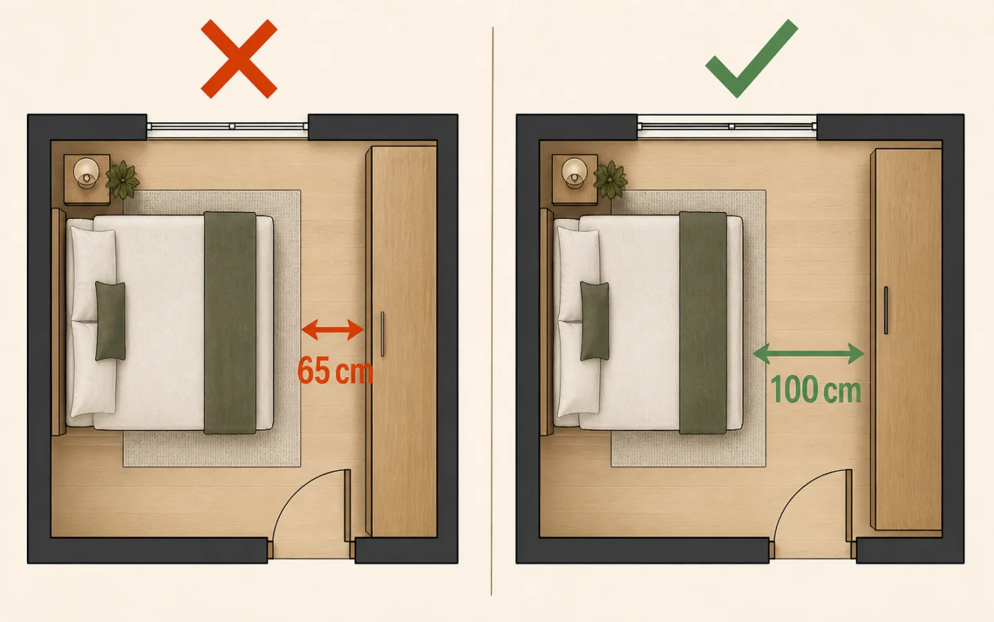 Comparison of a walkway narrower than 90 centimeters and a comfortable clear route
