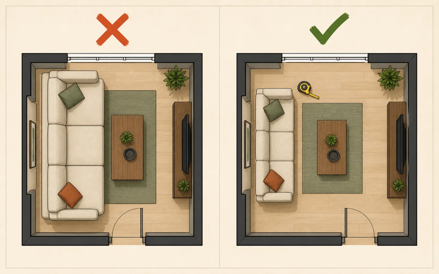 Comparison of guessed furniture size and furniture placed with real product dimensions