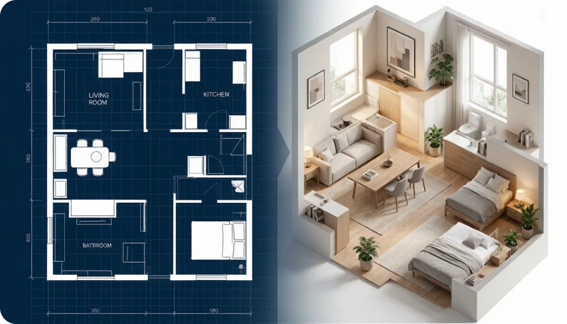 A measured floor plan beside the furnished 3D room design created from it