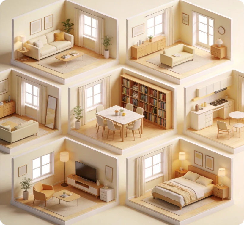 Six 3D interior design options generated from one floor plan