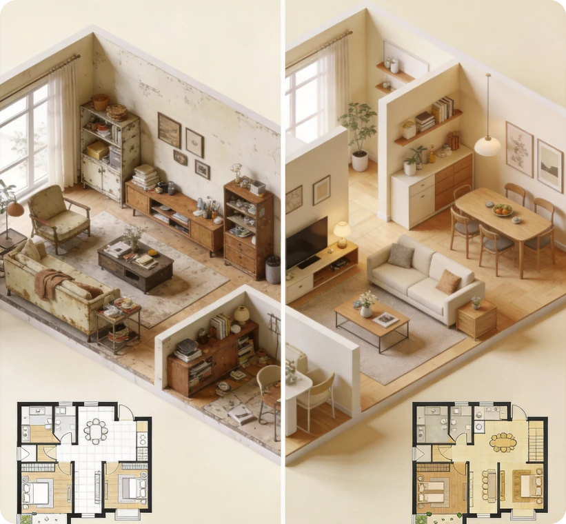 Floor plan and furnished 3D room shown side by side
