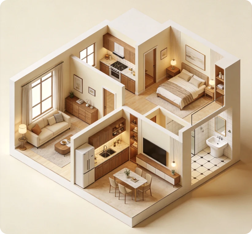 Complete cutaway 3D home prepared for an interior design proposal