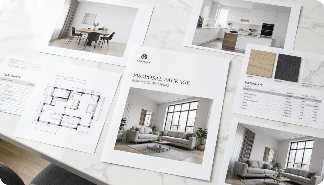 Professional proposal package with 3D renders, a floor plan, material specifications, and estimates