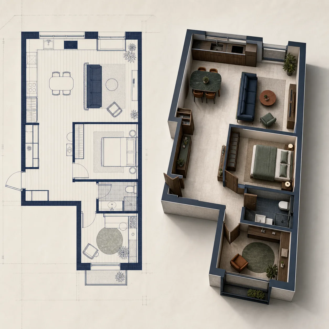 Floor Plan to 3D use case showing a measured 2D drawing beside a furnished 3D model
