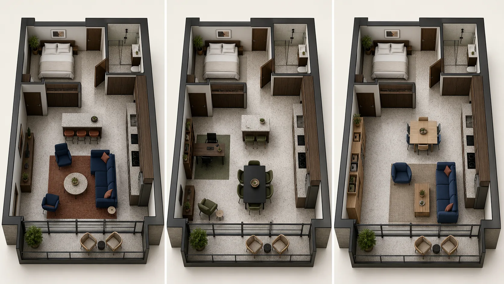 Floor plan to 3D design options showing multiple furnished layouts for industry review