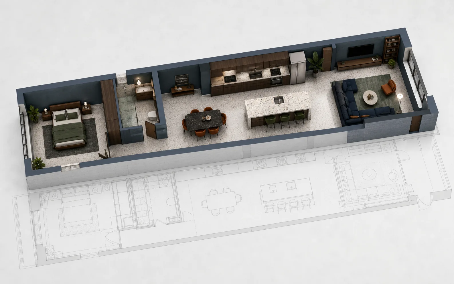 Floor plan to 3D interactive model preview of a furnished open-plan apartment