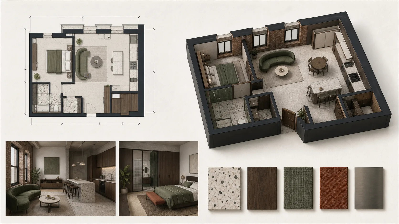 Floor plan to 3D client proposal package with furnished rooms and coordinated finishes
