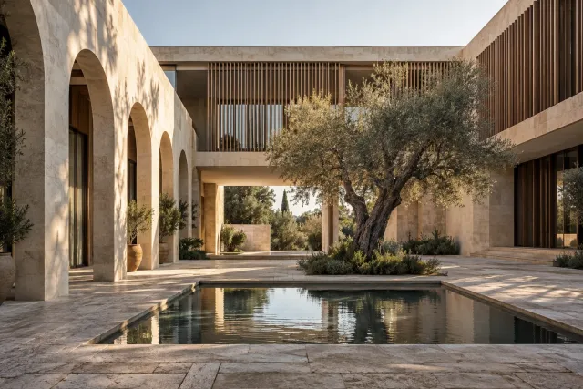 Open-air stone courtyard with timber screens and an olive tree