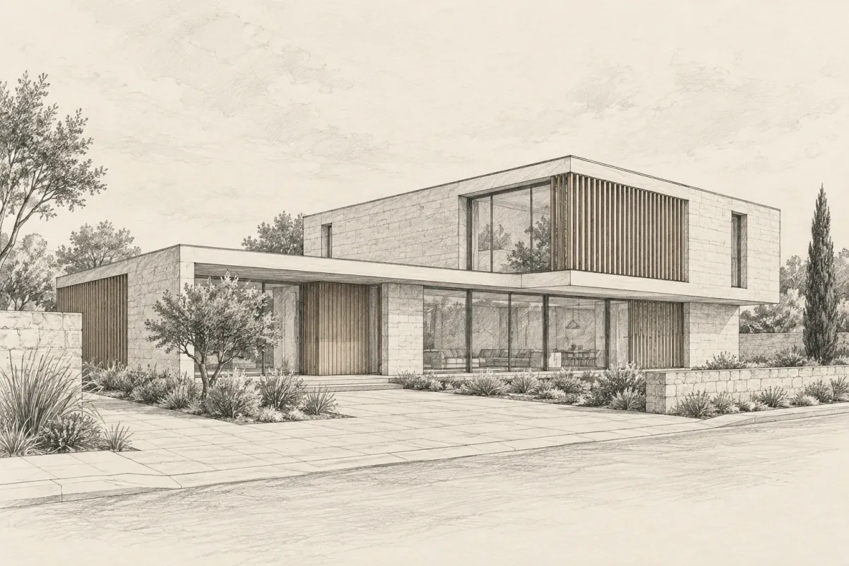 Contemporary limestone and timber house exterior — Original sketch