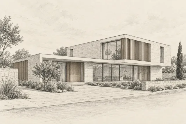 Source study: a clear exterior perspective sketch.