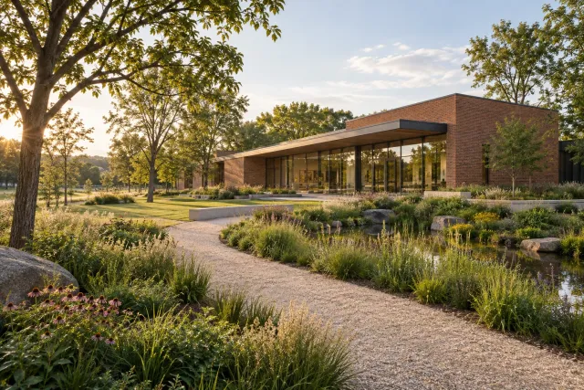 Brick pavilion beside planted paths and a public garden