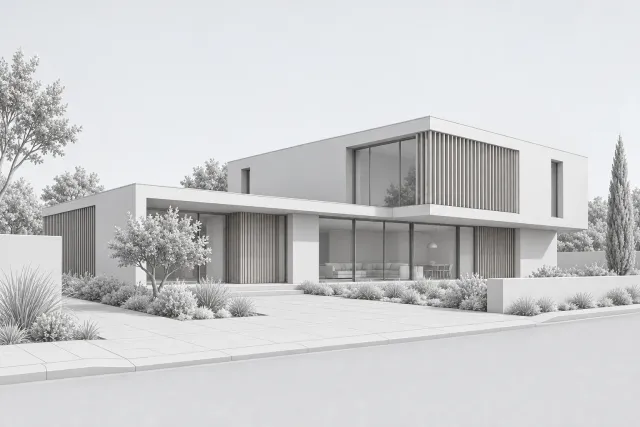 Viewpoint study: the same building as a neutral clay model.