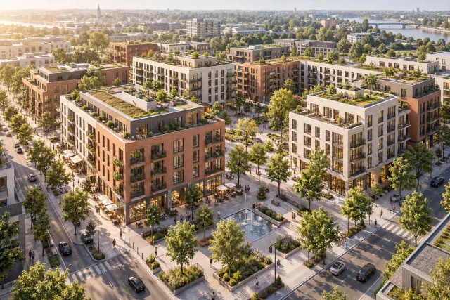 AI render of courtyard blocks and tree-lined streets from an aerial viewpoint