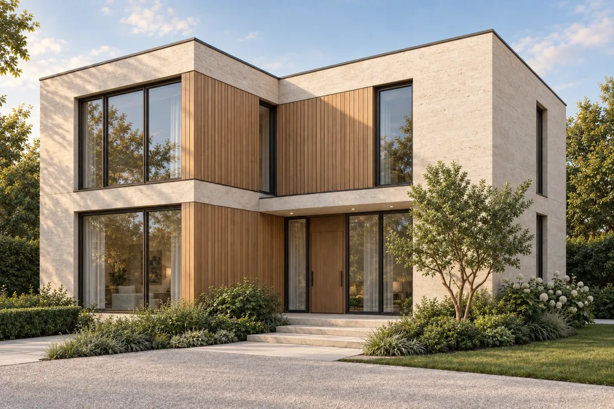 AI architectural rendering of a contemporary house with stone cladding, timber panels and a planted garden
