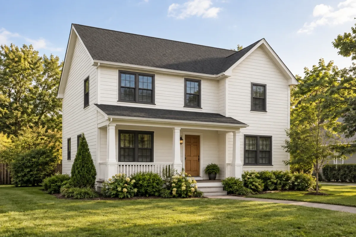 After: the same house with warm white siding, charcoal roof shingles and dark window trim