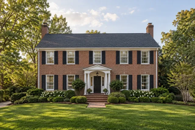 Symmetrical colonial house with brick walls, white trim and a centered entrance