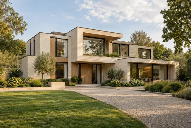 Contemporary home with pale cladding, dark frames and warm wood accents