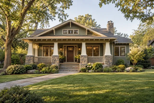 Craftsman home with a deep porch, earthy siding and stone column bases