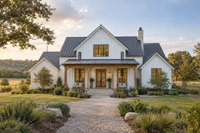Farmhouse with white vertical siding, a metal roof and wooden porch posts