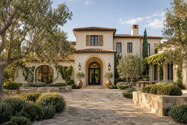 Mediterranean home with warm stucco walls, terracotta roofing and arched openings