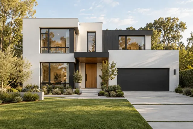 Modern house with white volumes, charcoal accents and a timber entrance