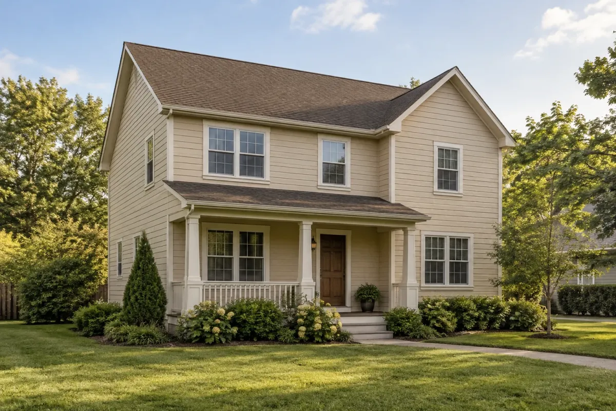 Before: two-story house with beige siding, a brown shingle roof and a small front porch
