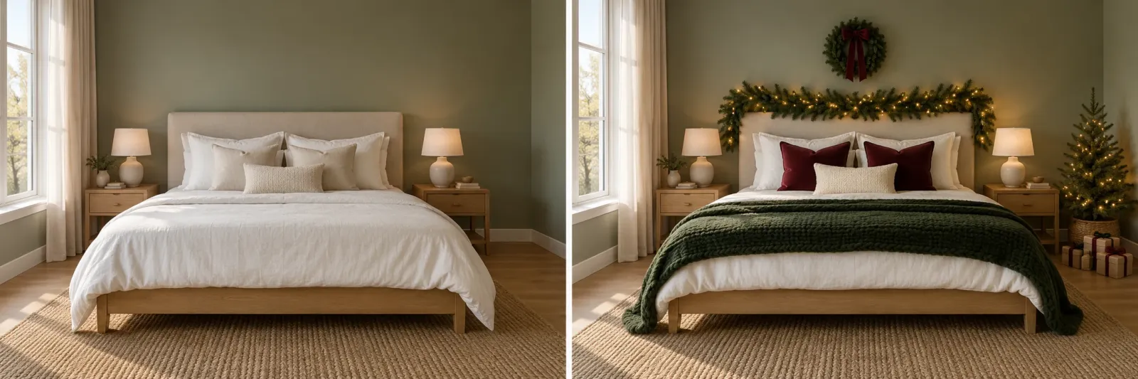 Bedroom · Christmas. Left: everyday room. Right: holiday decoration concept.