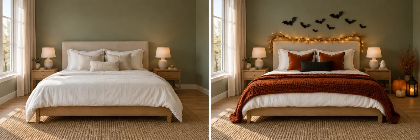 Bedroom · Halloween. Left: everyday room. Right: holiday decoration concept.
