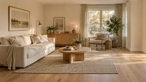 Cream sofa and oak furniture in a sunlit living room — Everyday room